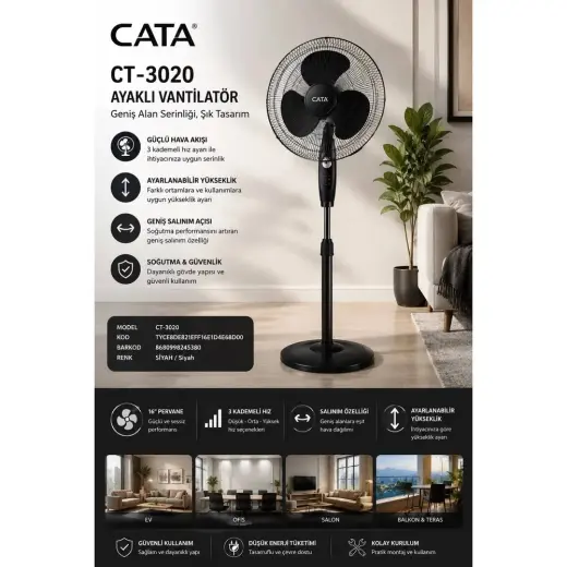 Cata CT-3020 Ayaklı Vantilatör Geniş Alan Soğutma, Ayarlanabilir Yükseklik 3 Kademeli Fan Ayarı