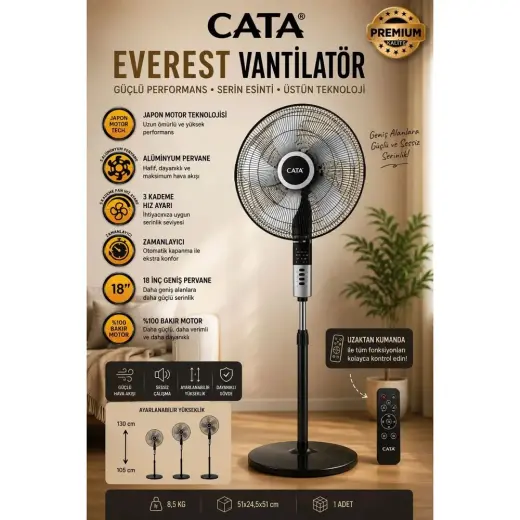 Cata CT-3022 18'' Japon Bakır Motorlu, Kumandalı, Zaman Ayarlı Vantilatör