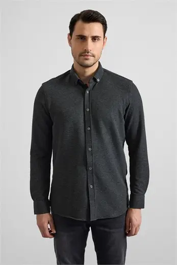 Antrasit Slim Düğmeli Yaka Manşetli Casual Gömlek
