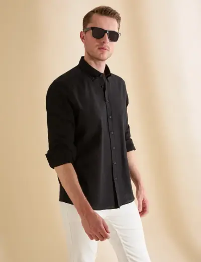 Siyah Keten Karışımlı Regular Fit Uzun Kollu Gömlek