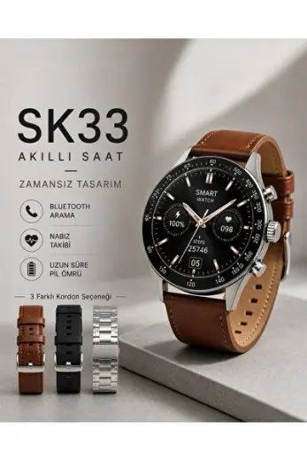 SK33 Classic AMOLED Akıllı Saat Bluetooth Arama Nabız Takibi 3 Kordon Smart Watch