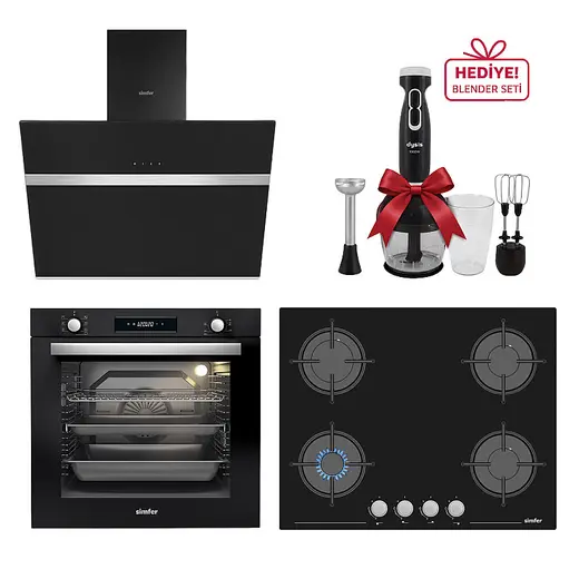Simfer 0+7 Fonksiyon Siyah Multi Turbo Dijital 3'lü Ankastre Set (7381 Fırın + 3653 Ocak + 8611 Davlumbaz)