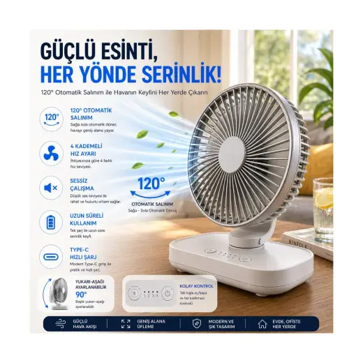 Robeve Yk Otomatik Dönebilen Şarjlı Masaüstü Vantilatör 120° Otomatik Döner Salınım Özellikli Fan Vantilatör – USB Type-C, 4 Kademeli Hız, Sessiz Mini Fan, Taşınabilir, Uzun Kullanım, Ofis & Ev Için