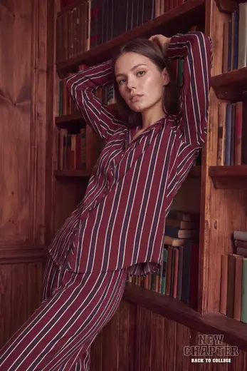 Bordo Çizgili New Chapter Back to College Campus Gömlek Yaka Pijama Üstü