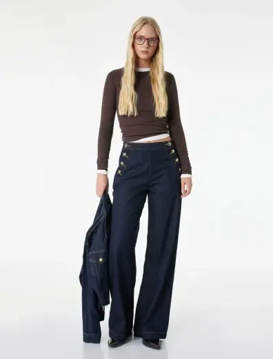 Düğme Detaylı Cepli Geniş Paça Denim Pantolon - Wide Leg Jeans
