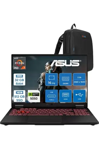 Tuf Gaming A16 FA608UH Ryzen 7 260 Aı 32GB Ddr5 512GB SSD 16-Inch 8GB/RTX5050 115W, 1920 x 1200, Wuxga SRGB:100% 165Hz 3ms IPS Freedos Gaming Laptop ZRV099WF09+ZETTAÇANTA