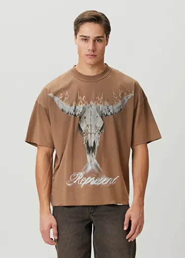 Açık Kahverengi Yıpratma Detaylı Baskılı T-shirt