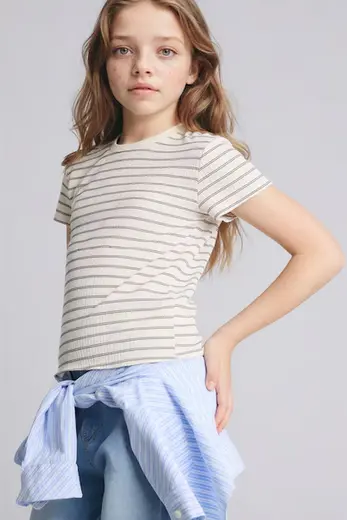 Slim Fit Baskılı Fitilli Tişört Kız Çocuk