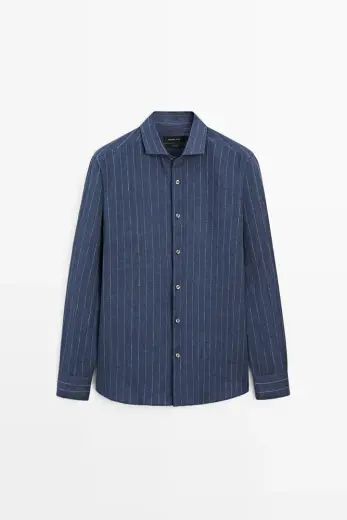 Regular fit delave çizgili %100 keten gömlek