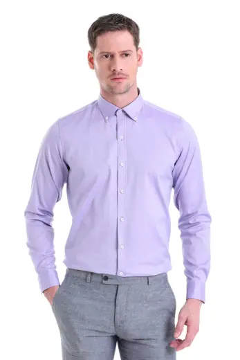Mor Comfort Fit %100 Pamuk Düğmeli Yaka Uzun Kollu Casual Gömlek