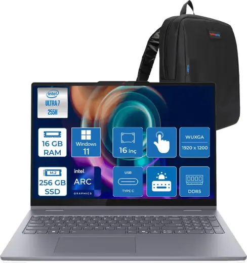 Lenovo Ideapad 5 2-In-1 16AIL10 Intel Core Ultra 7 255H Aı 16 GB 256 GB SSD 16" Wuxga IPS 300NITS Intel® Arc™ 140T WIN11PRO Dokunmatik +Digital Pen2 Taşınabilir Bil 83KS002ATRP01+ZETTAÇANTA