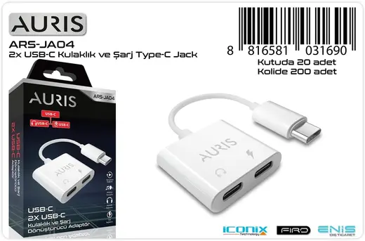 Auris JA04 Type-C Çift Girişli Dönüştürücü, Type-C Kulaklık ve Şarj Desteği, Beyaz