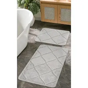 Konfor Halı Doğal Kaymaz Taban Banyo Paspas Seti Uzun Ömürlü Yumuşak Dokulu Su Emici Yıkanabilir Çizgili Set 50x80-50x40 Gri