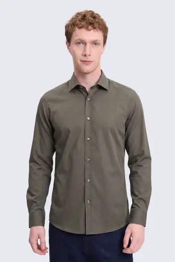 Haki Slim Fit Uzun Kollu %100 Pamuk Casual Flanel Gömlek