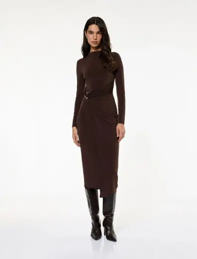 Koton X Sibil Çetinkaya - Uzun Kollu Dik Yaka Metal Aksesuarlı Slim Fit Maxi Elbise
