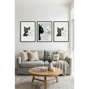 Tontilika Zarif Siyah Beyaz Kedi Sanatı 3’lü Ahşap Çerçeveli Tablo Seti 21x30 cm