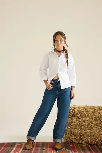 Baggy Fit Geniş Paça Jean Pantolon Kız Çocuk