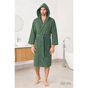 Mira Home Kapşonlu Pamuklu Erkek / Kadın Bornoz | Büyük Beden Seçenekli Silvia Yeşil-s-m S/M