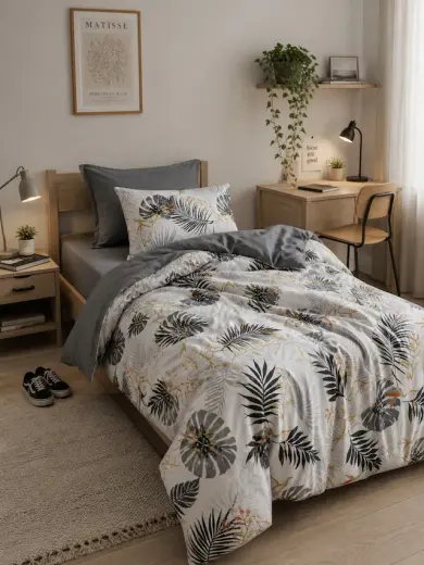 Mystory Home Lastikli Çarşaflı Tek Kişilik Nevresim Takımı Monstera Gri Gri