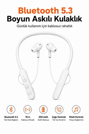 Bluetooth 5.3 Boyun Askılı Kablosuz Kulaklık 200 mAh Bataryalı 10 Metre Bağlantı Mesafeli Mikrofonlu
