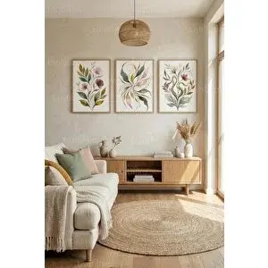 Tontilika Modern Botanik Çiçekler 3’lü Ahşap Çerçeveli Tablo Seti 21x30 cm