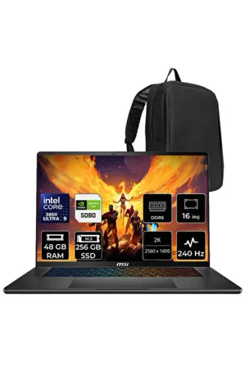Stealth 16 AI+ Intel Core Ultra 9-386H RTX 5080 16GB 125W 48GB RAM 256GB SSD 16" QHD+ 240Hz OLED FreeDOS B3WI003TRP331 Gaming Laptop + PER4 Çanta
