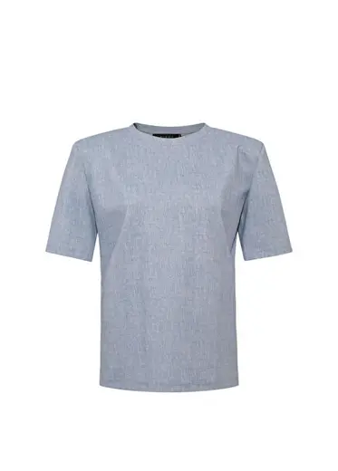 Mavi Vatkalı Bisiklet Yaka Kısa Kollu Kadın T-Shirt