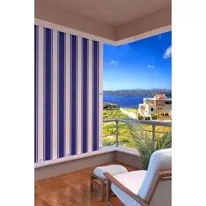 Setekshome Kalın Düğmeli Kuş Gözlü Bağcık Hediyeli Balkon Perdesi Mavi-beyaz 520x250 cm