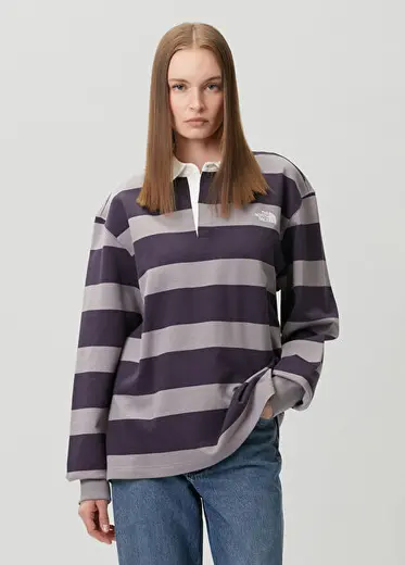 Rugby Mor Çizgili Polo Sweatshirt