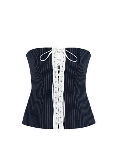 Elizabeth Deep Sea Blue White Çizgili Kadın Korse Bluz