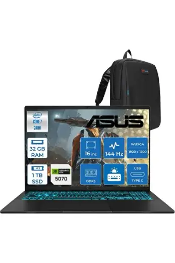 Vivobook V16 2.nesil Core 7 240H Aı 32GB Ddr5 1tb SSD RTX5070/8GB 16.0-Inch, Wuxga (1920 x 1200) 300NITS 144Hz Freedos Gaming Bilgisayar WV3607VPF13+ZETTAÇANTA