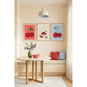 Tontilika Canlı Kiraz Desenli 3’lü Ahşap Çerçeveli Tablo Seti 30x42 cm