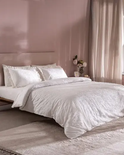 Aulne King Size %100 Pamuk Brodeli Çarşaflı Nevresim Takımı - Beyaz