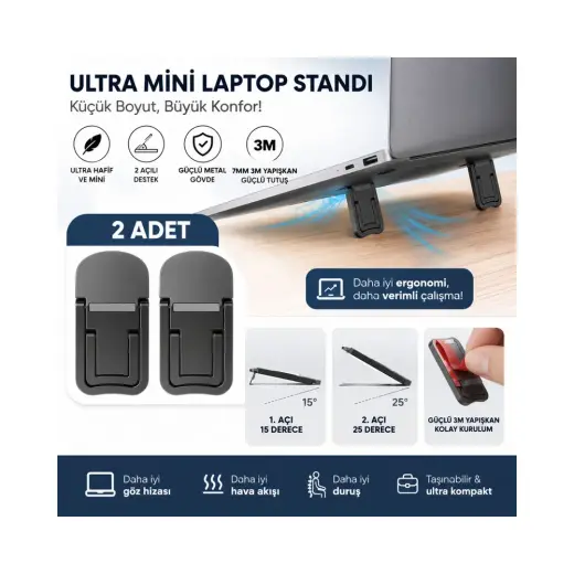 Polham Metal 2 Adet 7mm 3m Yapışkanlı Katlanabilir Ultra Mini Laptop Standı,2 Açılı Laptop Yükseltici