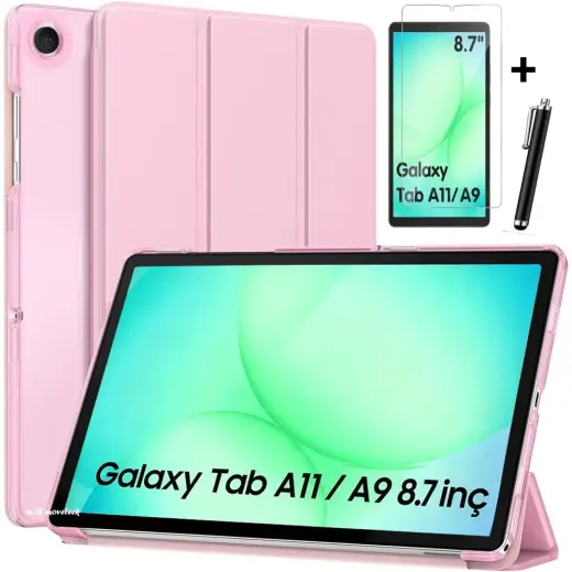 M.TK Moveteck Samsung Galaxy Tab A11/A9 8.7 Inç Tablet Kılıfı Akıllı Smart Uyku Modlu Standlı Kapak + Nano Esnek Cam + Kalem