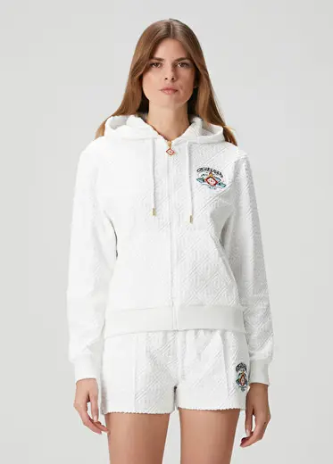 Beyaz Kapüşonlu Logo Motifli Sweatshirt