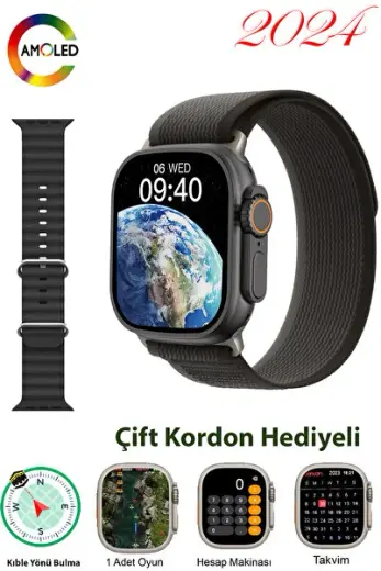 V9 Ultra 2 Amoled Ekran Akıllı Saat Smart Watch 2024 Son Sürüm Kordon Kilit Çift Kordonlu Takipli