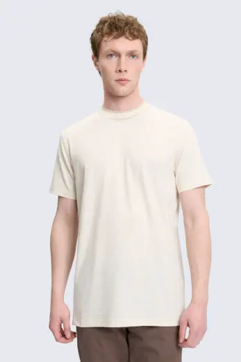 Ekru Regular Fit Bisiklet Yaka Keten Tişört