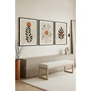 Tontilika Minimalist Botanik Soyut Geometrik 3’lü Ahşap Çerçeveli Tablo Seti 50 x 70 cm