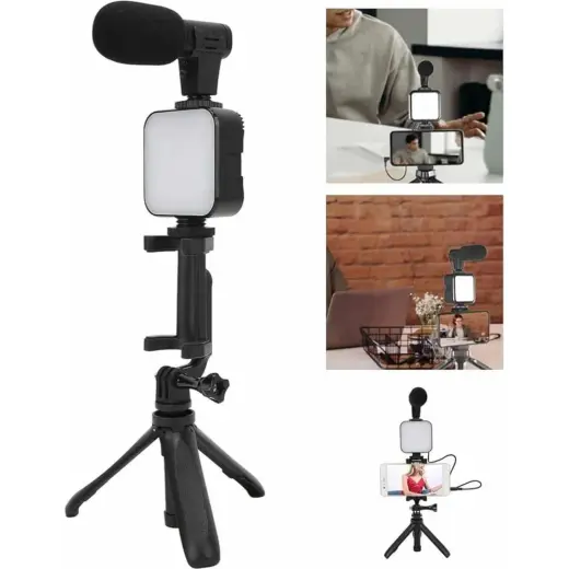 Uravas Store Tripod Telefon Tutucu Kumandalı Mikrofon LED Işık Vlog Video Kayıt