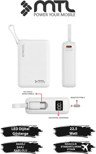 MTL 20000 mAh 22.5W Süper Hızlı Şarj Dahili Kablolu LED Göstergeli PD ve QC 3.0 Powerbank MT4550 Beyaz ile uyumlu