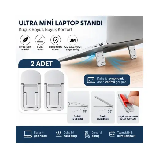 Polham Metal 2 adet 7MM 3M Yapışkanlı Katlanabilir Ultra Mini Laptop Standı,2 Açılı Laptop Yükseltici