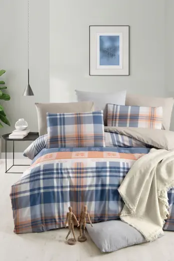Mystory Home Lastikli Çarşaflı Çift Kişilik Nevresim Takımı Plaid Lacivert