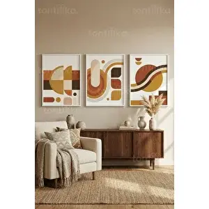 Tontilika Toprak Tonları Soyut Geometrik 3’lü Ahşap Çerçeveli Tablo Seti 21x30 cm