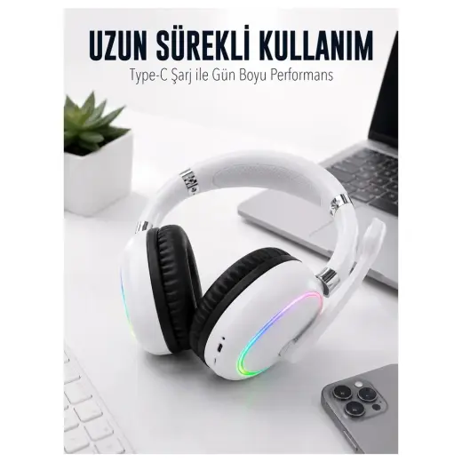 Renas Store Beyaz Bluetooth 5.0 Mikrofonlu Kablosuz Kulak Üstü Kulaklık Rgb Işıklı Type-C Şarjlı