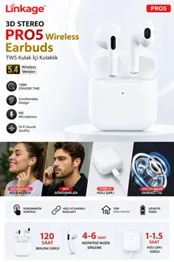 PRO5 Bluetooth 5.4 TWS Kablosuz Kulak İçi Kulaklık HD Mikrofonlu Şarj Kutulu Beyaz