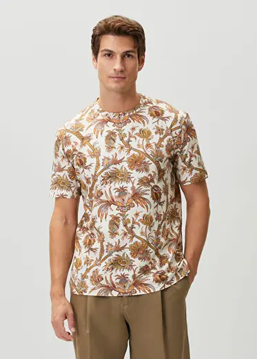 Ekru Etnik Desenli T-shirt