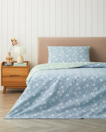 Floria Kolay Ütülenir Çarşaflı Tek Kişilik Nevresim Takımı 160x220 cm Mavi - Yeşil