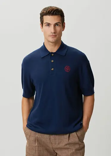 Lacivert Polo Yaka Kısa Kollu Triko