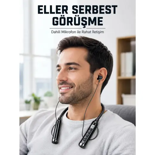 Marsilyan 600 Saat Kullanım Süreli Boyun Tipi Bluetooth Kulaklık Mikrofonlu Dijital Göstergeli Kablosuz Kulak Içi Kulaklık